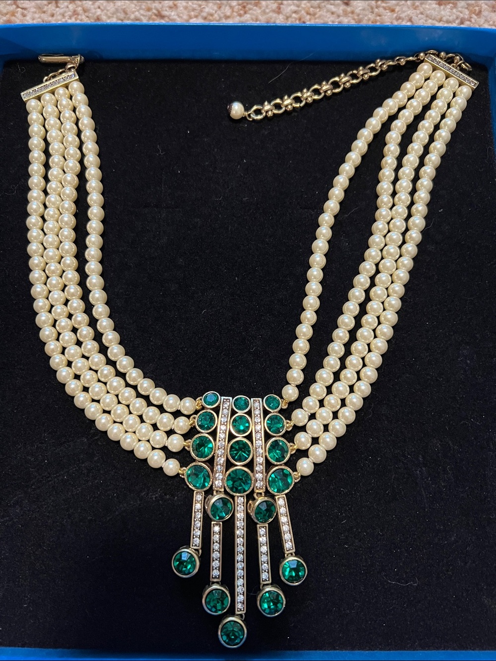 Heidi Daus Cream Pearl Multi-Strand Necklace with Emerald Green Crystal Drops